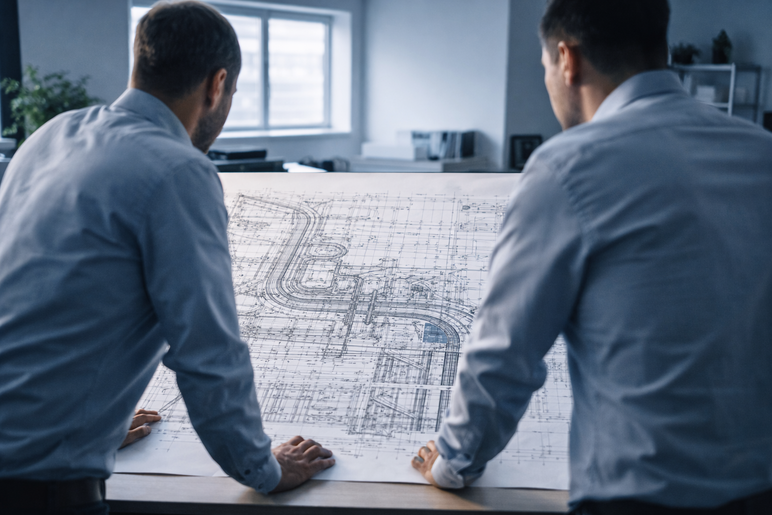 Inženjeri proučavaju tehnički crtež infrastrukturnog projekta